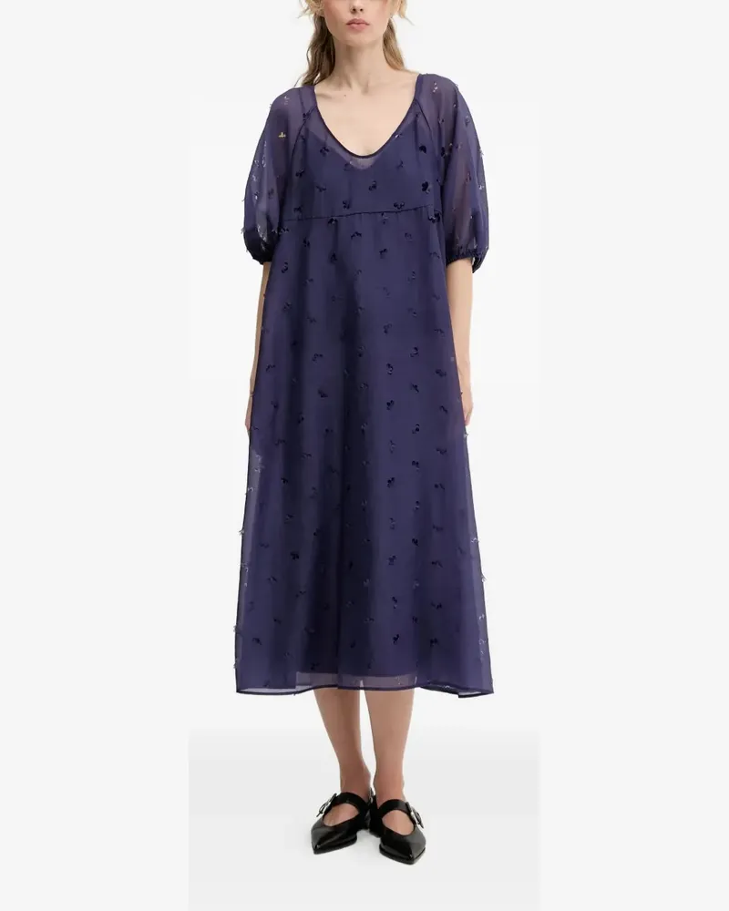Stine Goya Puffärmel-Midikleid mit Blumenschliff - Blau Blau