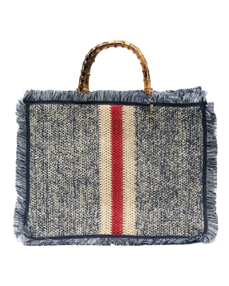 La Milanesa large Ortensia bamboo-handle fringe-trim tote bag - Blau Blau