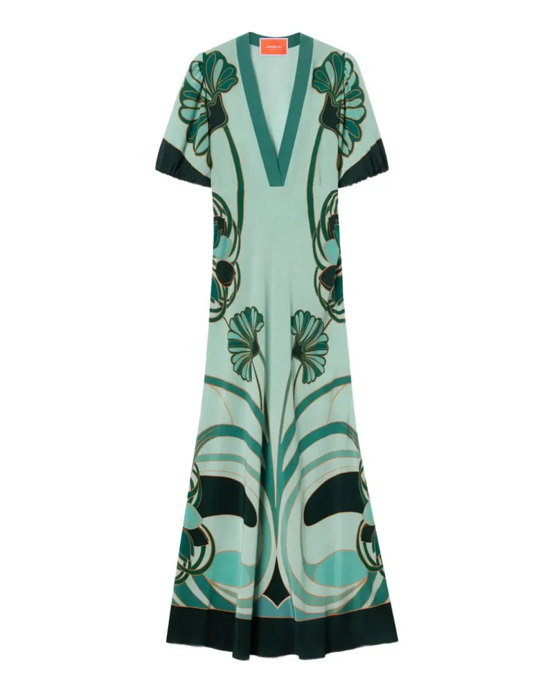 La DoubleJ Marlene Dietrich Kleid mit V-Ausschnitt und Blooming Tulip-Print - Grün Grün