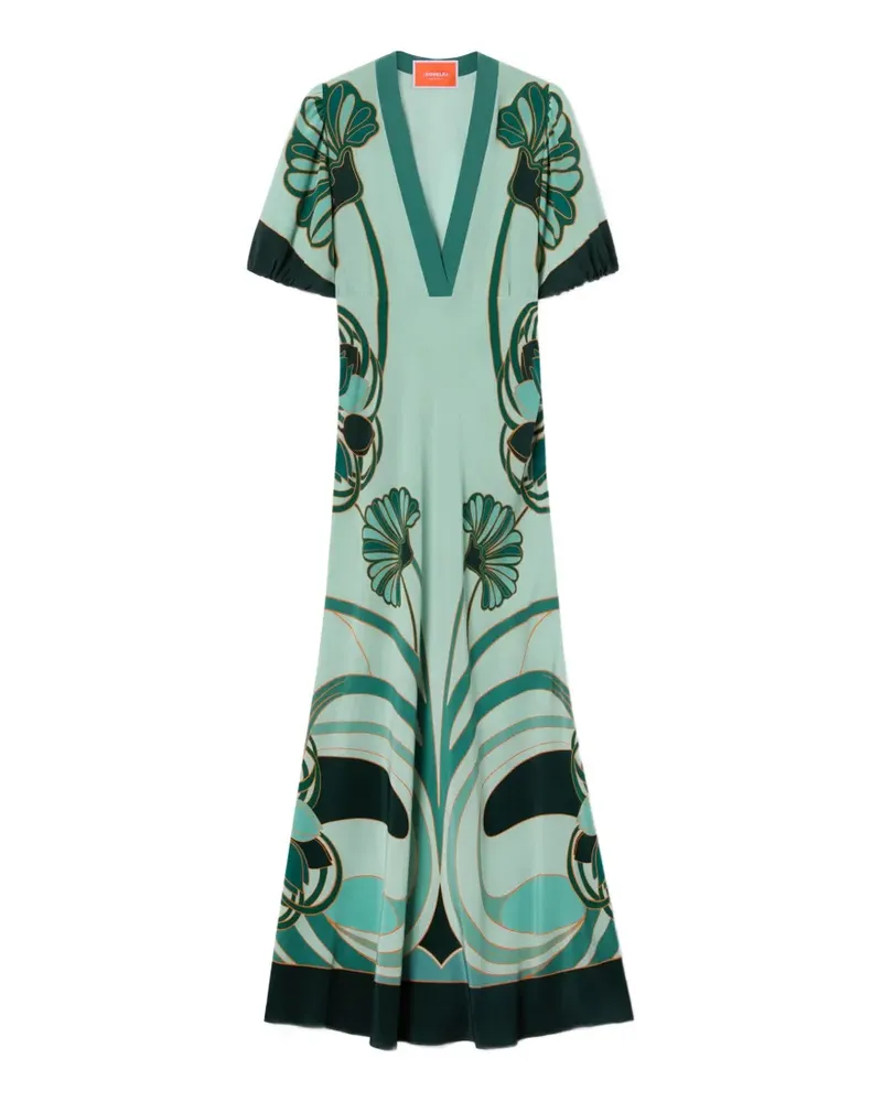 La DoubleJ Marlene Dietrich Kleid mit V-Ausschnitt und Blooming Tulip-Print - Grün Grün
