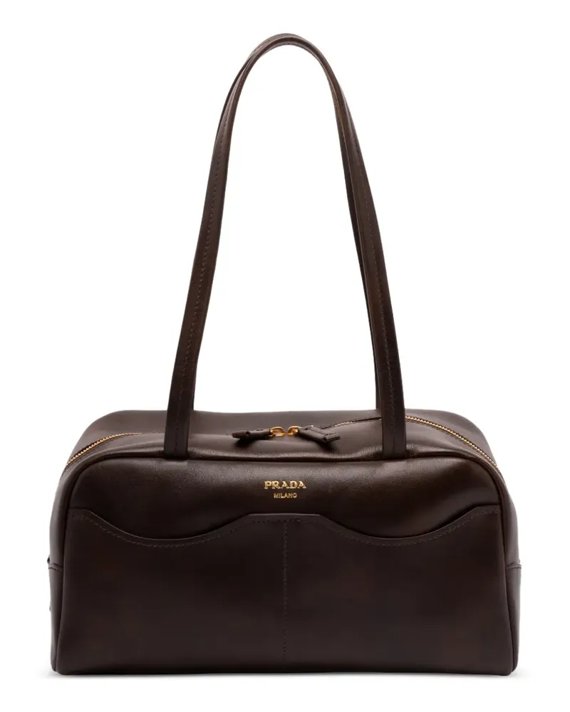 Prada large Carry logo-lettering antiqued-leather shoulder bag - Braun Braun