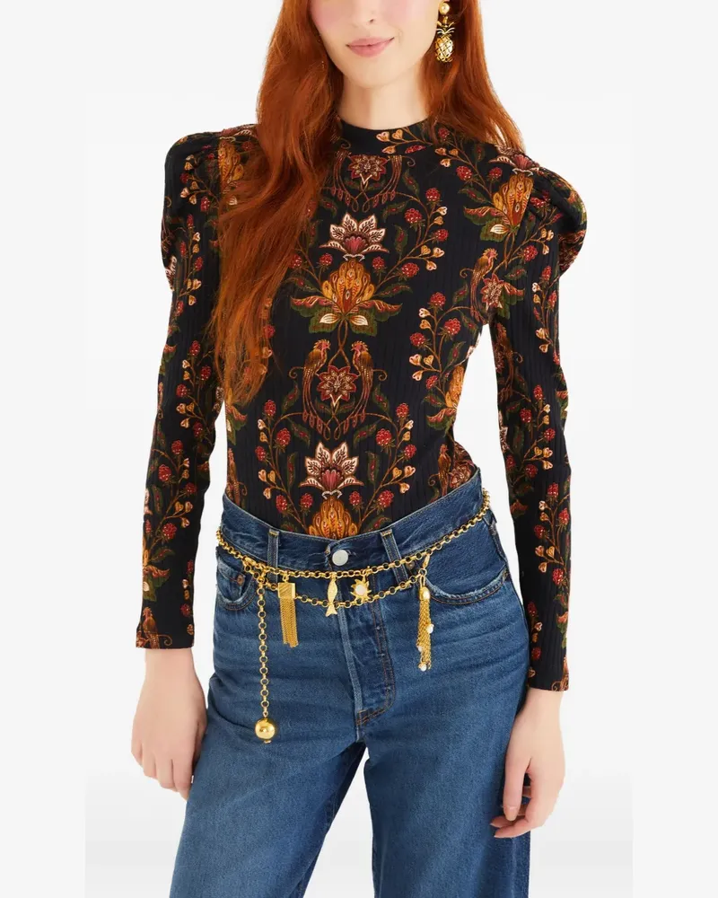 FARM Rio puffed-sleeve floral-pattern bodysuit - Schwarz Schwarz