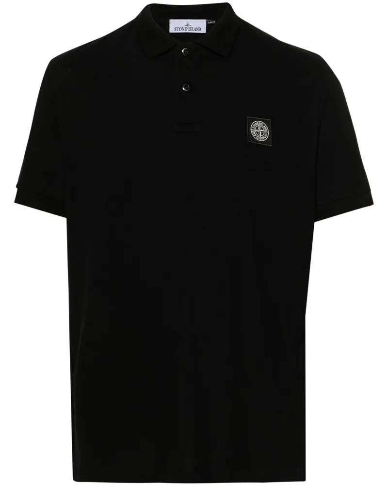 Stone Island Pikee-Poloshirt mit Kompass-Patch - Schwarz Schwarz