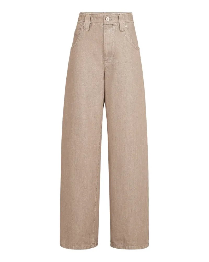 Brunello Cucinelli Beigefarbene Baggy-Hose aus Lamé-Denim mit Monili - Nude Nude