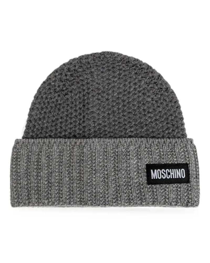 Moschino Beanie in Waffelstrick mit Logo-Patch - Grau Grau