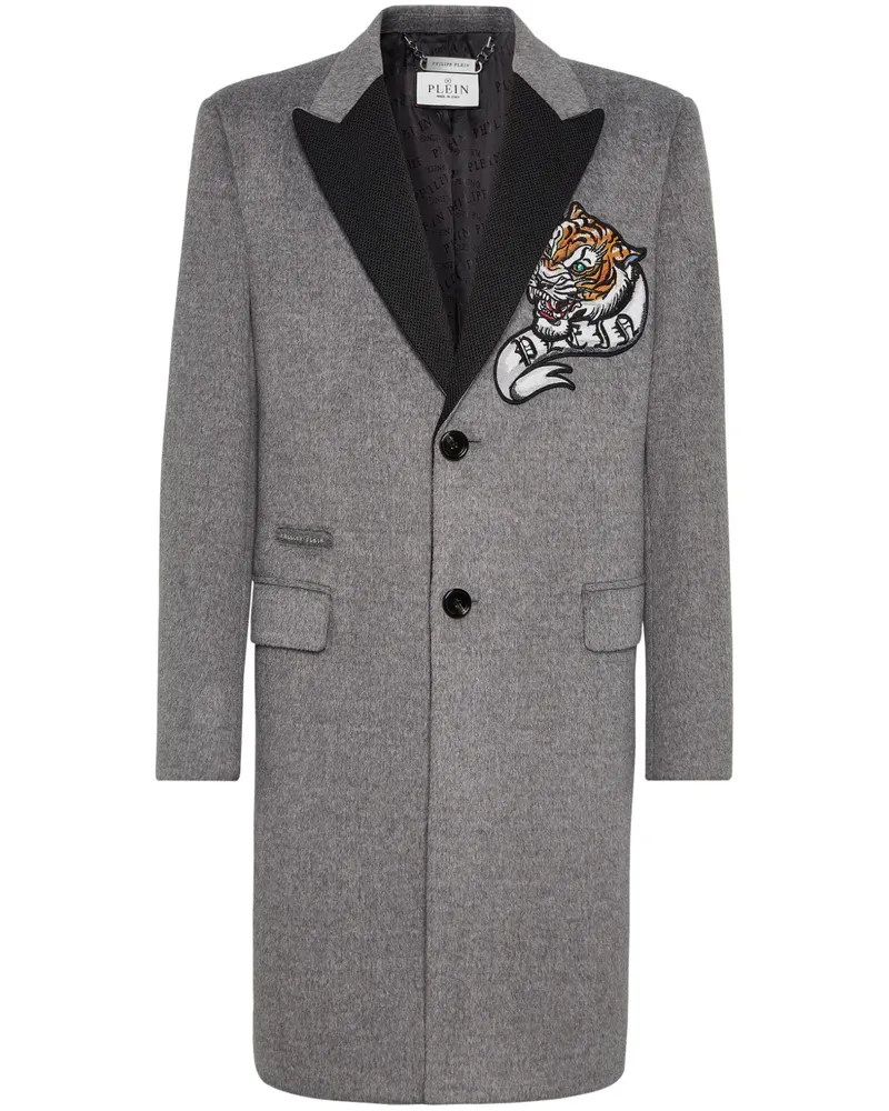 Philipp Plein Einreihiger Mantel mit Tiger-Patch - Grau Grau