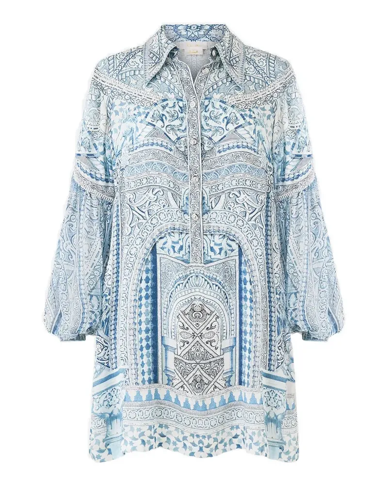 Camilla The Hum of the Alhambra blouson-sleeve shirt mini dress - Blau Blau