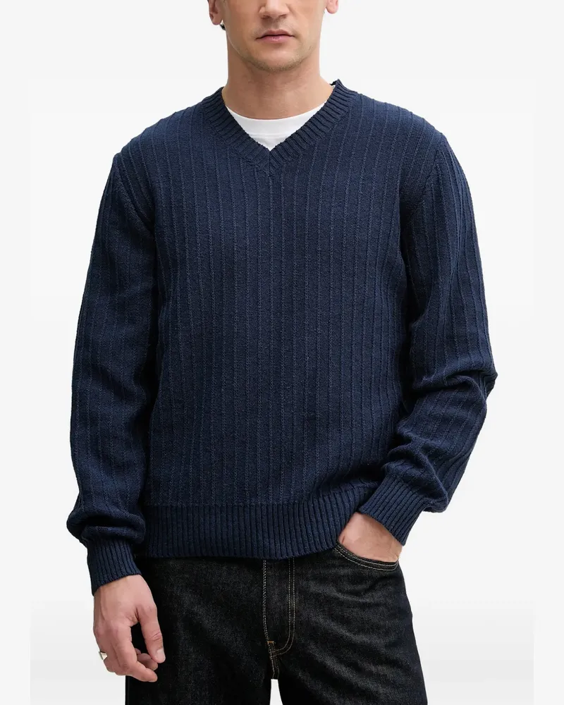 Sisley Gerippter Pullover mit V-Ausschnitt - Blau Blau