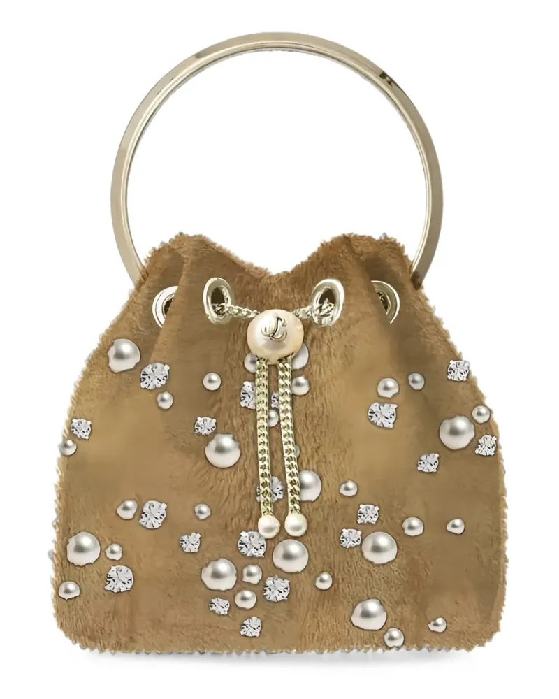 Jimmy Choo Bon Bon Beuteltasche aus Shearling mit Kunstperlen - Nude Nude
