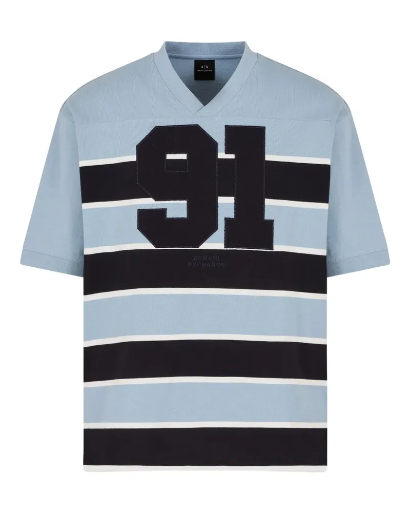 Armani Exchange Gestreiftes T-Shirt mit V-Ausschnitt - Blau Blau