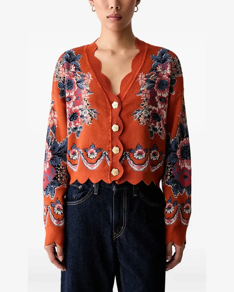 FARM Rio floral-intarsia scallop-edge cardigan - Orange Orange