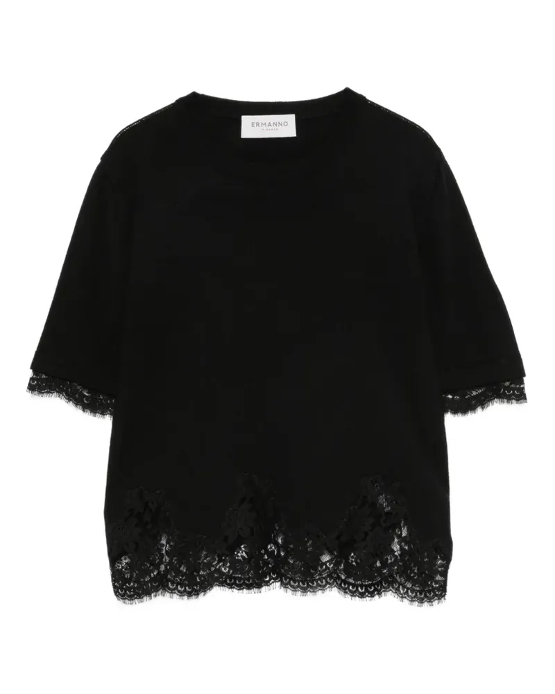 Ermanno Scervino short-sleeve lace-trim T-shirt - Schwarz Schwarz