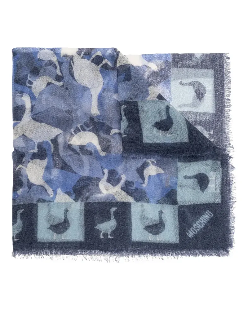 Moschino Ausgefranster Kaschmirschal mit Enten-Print - Blau Blau