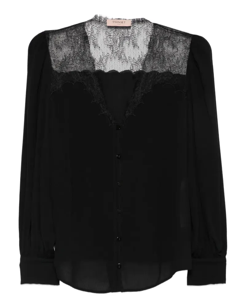 Twin-Set Geknöpfte Bluse mit Spitzenbesatz - Schwarz Schwarz