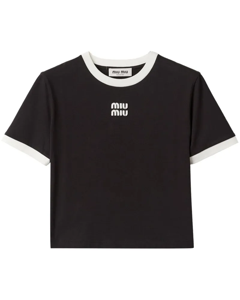 Miu Miu Cropped-T-Shirt mit Logo-Patch - Schwarz Schwarz