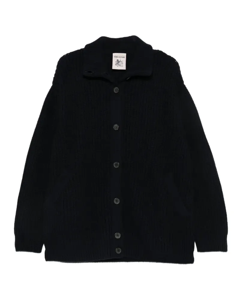 Semicouture Gerippte Jacke mit Leder-Patch aus Strick - Blau Blau
