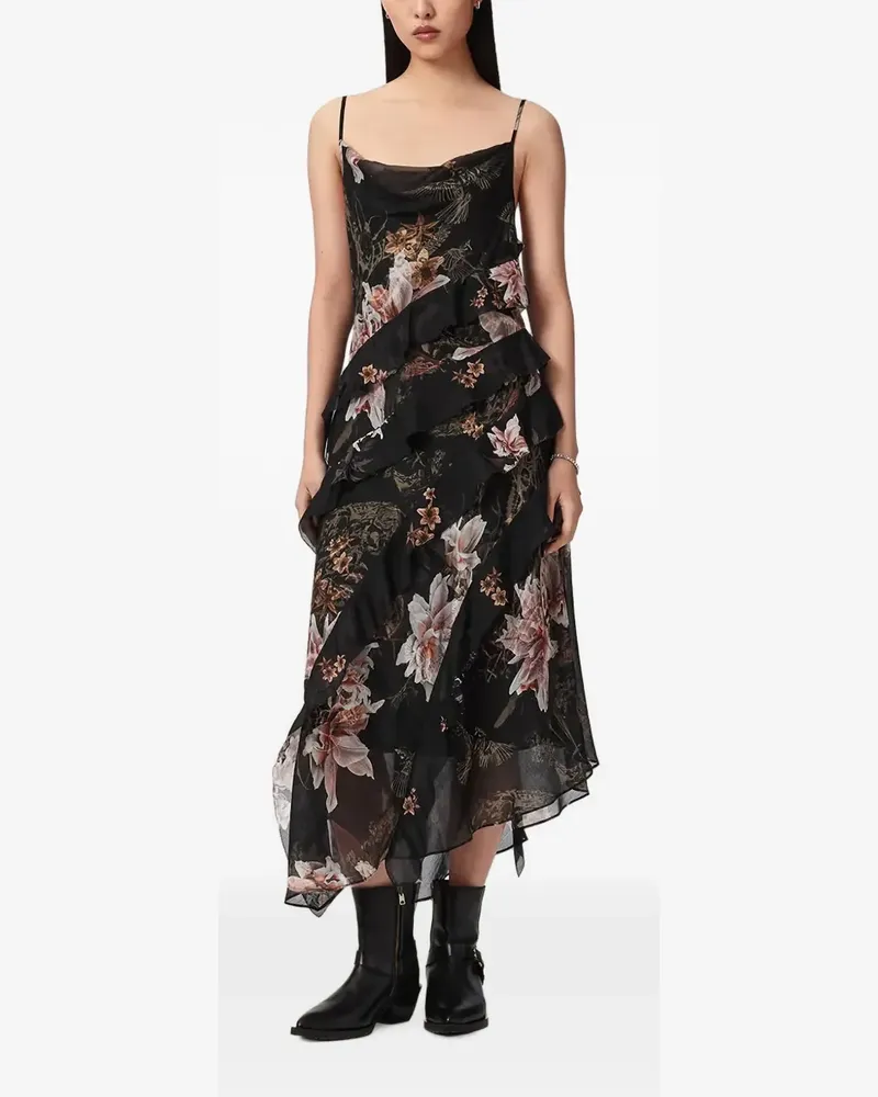 AllSaints floral-print ruffled maxi dress - Schwarz Schwarz