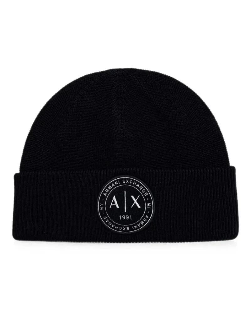 Armani Exchange logo-patch ribbed-knit beanie hat - Blau Blau