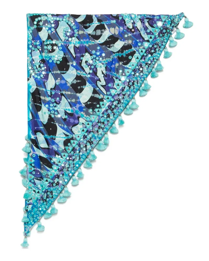 Emilio Pucci Schal mit Spiegelverzierungen und Quastenbesatz - Blau Blau