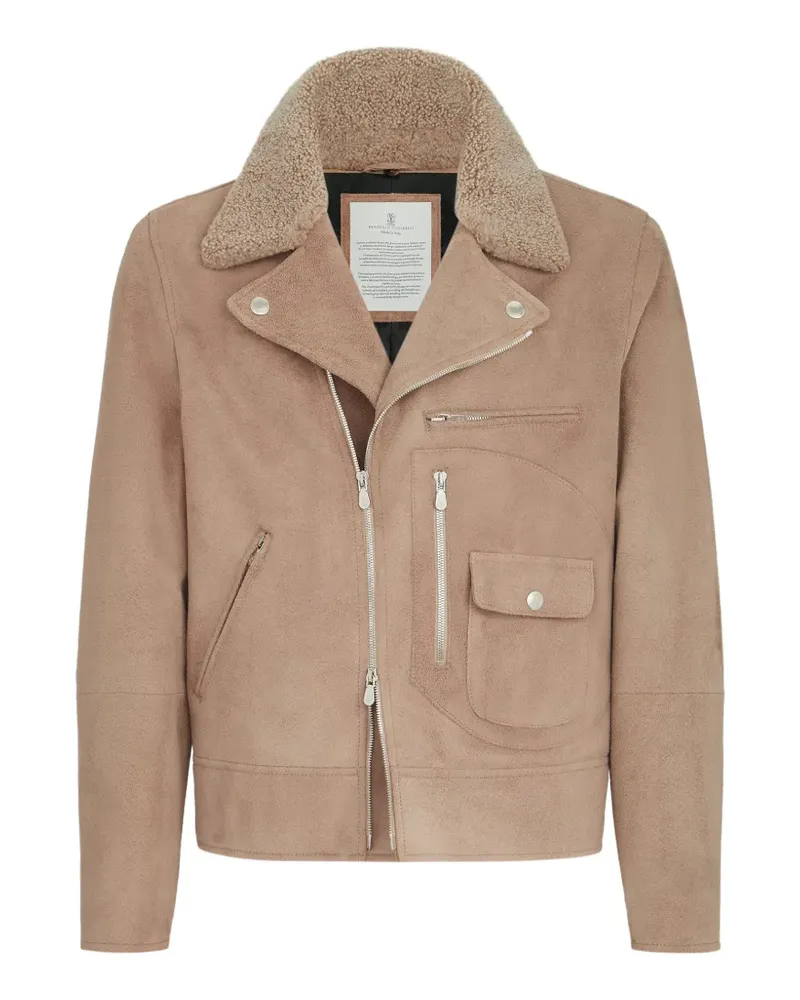 Brunello Cucinelli Bikerjacke aus Wildleder mit Thermore®-Polsterung und abnehmbarem Shearling-Kragen - Nude Nude