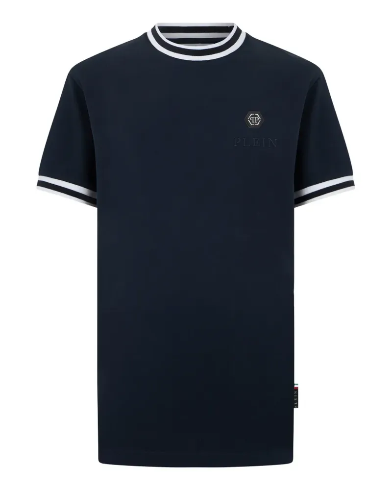 Philipp Plein Gestreiftes T-Shirt mit Logo-Schild - Blau Blau