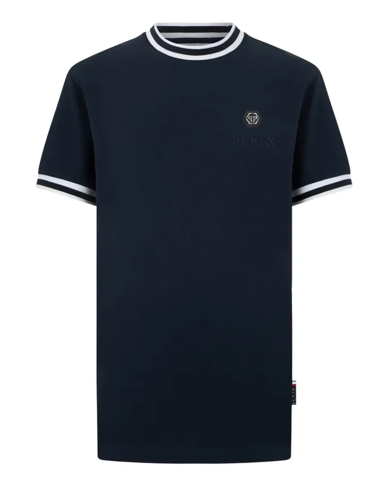 Philipp Plein Gestreiftes T-Shirt mit Logo-Schild - Blau Blau