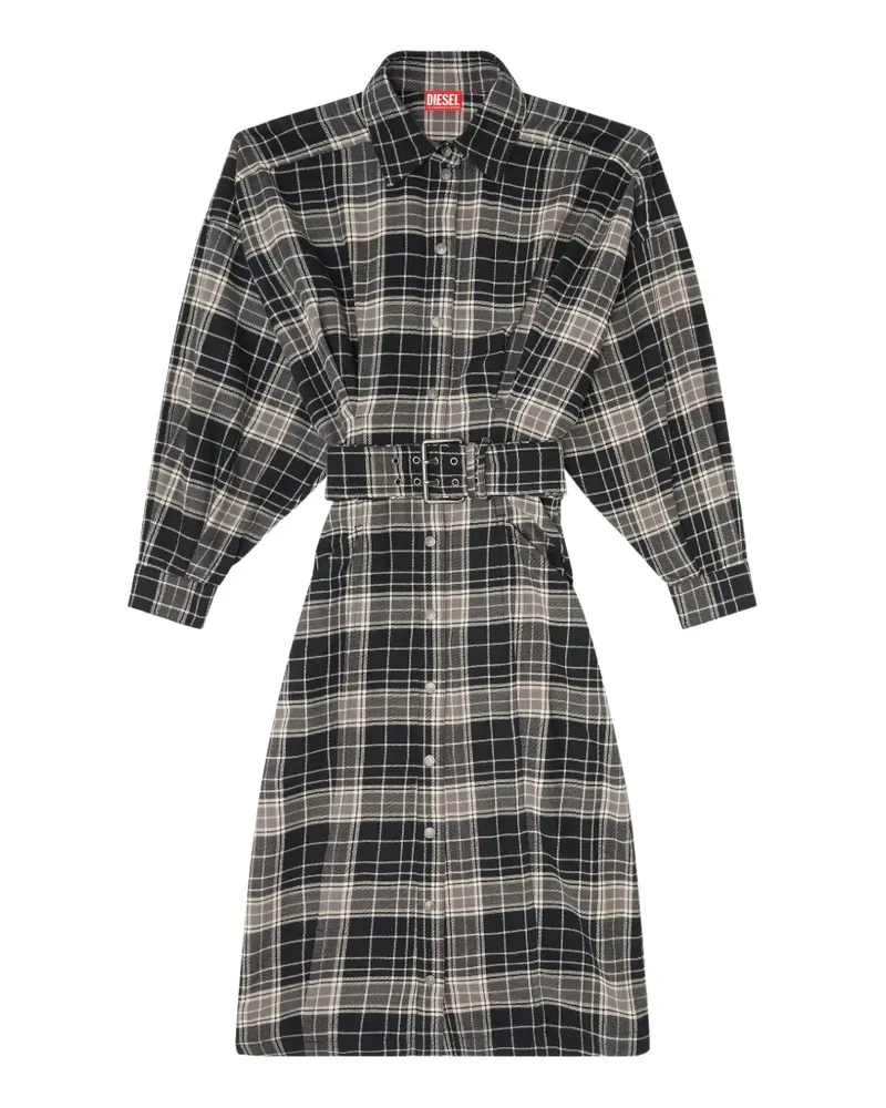 Diesel Kariertes Midikleid aus Flanell mit breitem Gürtel - Schwarz Schwarz