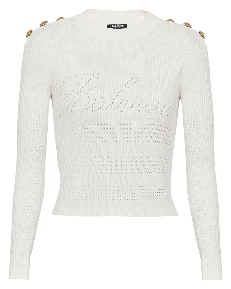 Balmain Gerippter 6-Button Strickpullover Weiß