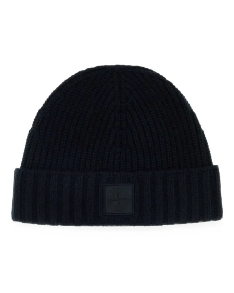 Stone Island Gerippte Beanie mit Logo-Patch - Schwarz Schwarz