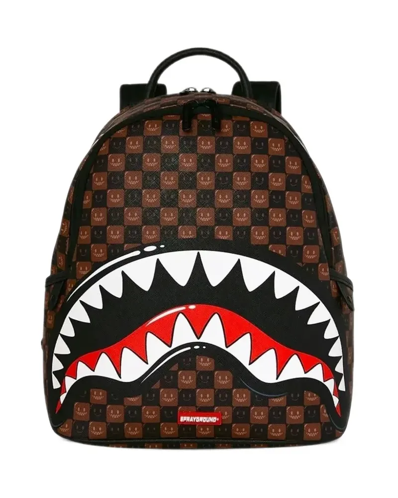 Sprayground Shark in Paris Grin & Grind checkered backpack - Braun Braun