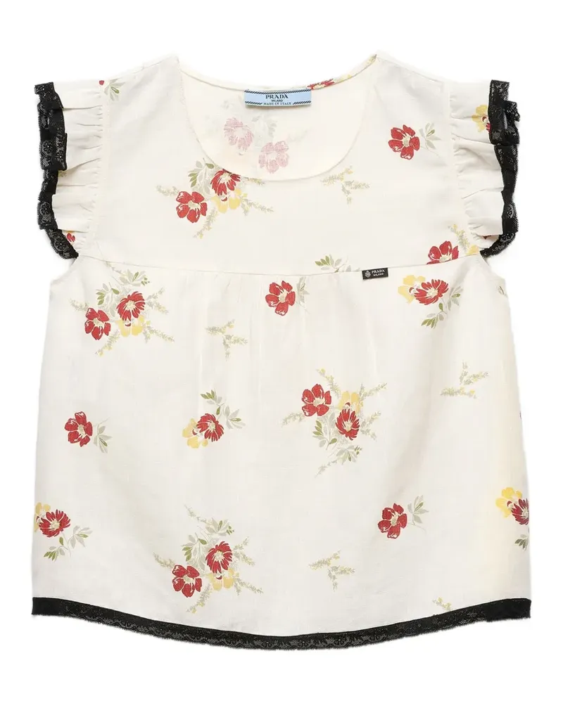 Prada linen top with floral motif - Nude Nude