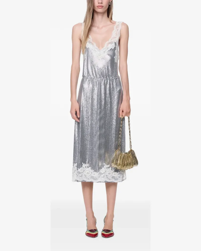 Paco Rabanne Midikleid aus silberfarbenem Mesh und elfenbeinfarbener Spitze Silber