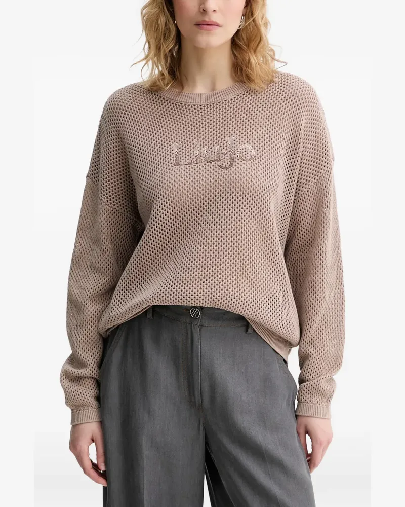 Liu Jo rhinestone-logo mesh-knit sweater - Nude Nude