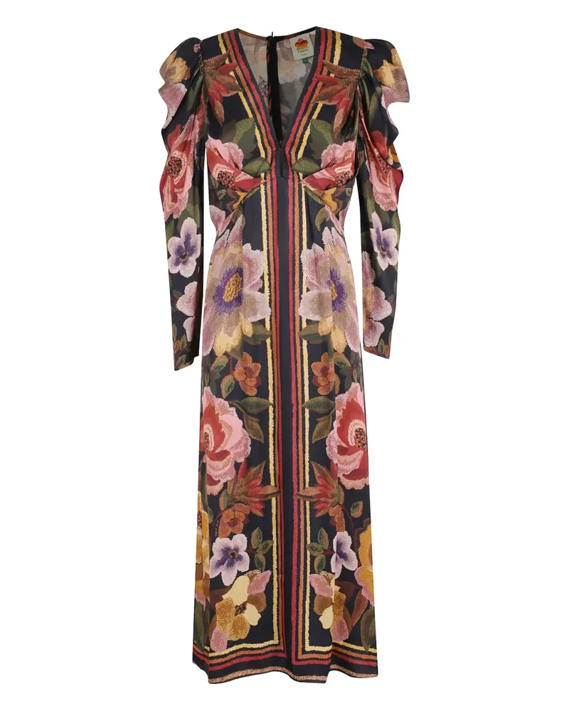FARM Rio Gerüschtes Midikleid mit Blumen - Schwarz Schwarz