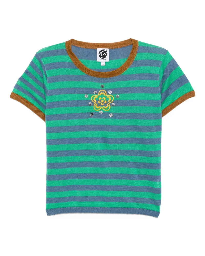YANYAN KNITS Gestreiftes Leinen-T-Shirt - Grün Grün