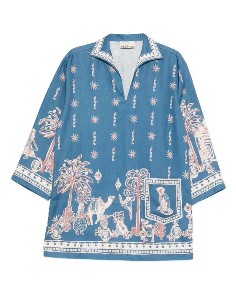 ALEMAIS Acacia collared graphic-print mini dress - Blau Blau