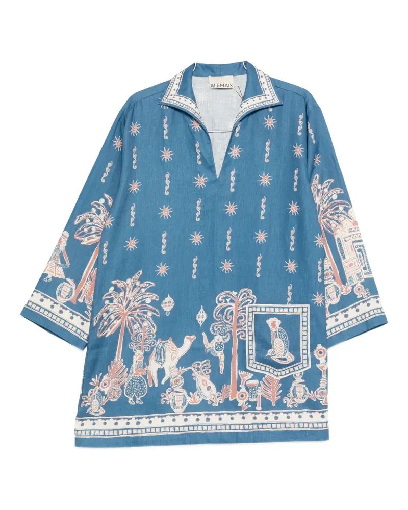 ALEMAIS Acacia collared graphic-print mini dress - Blau Blau