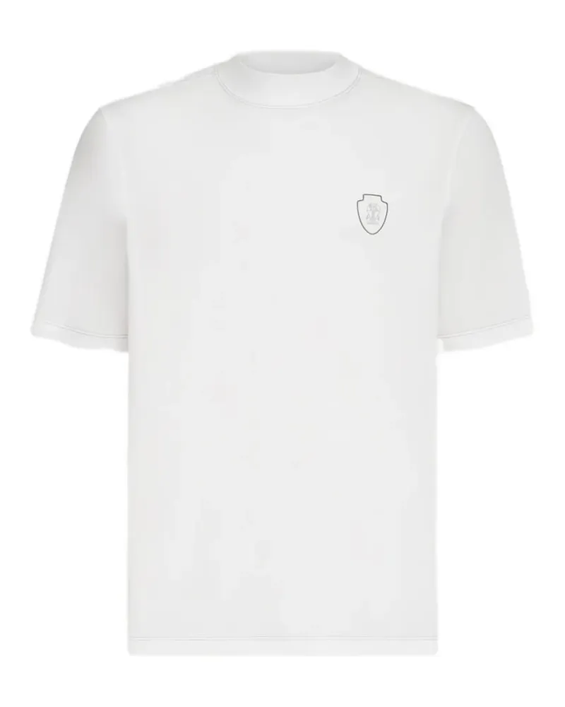 Brunello Cucinelli T-Shirt aus Techno-Piqué mit Stehkragen und Logo - Weiß Weiß