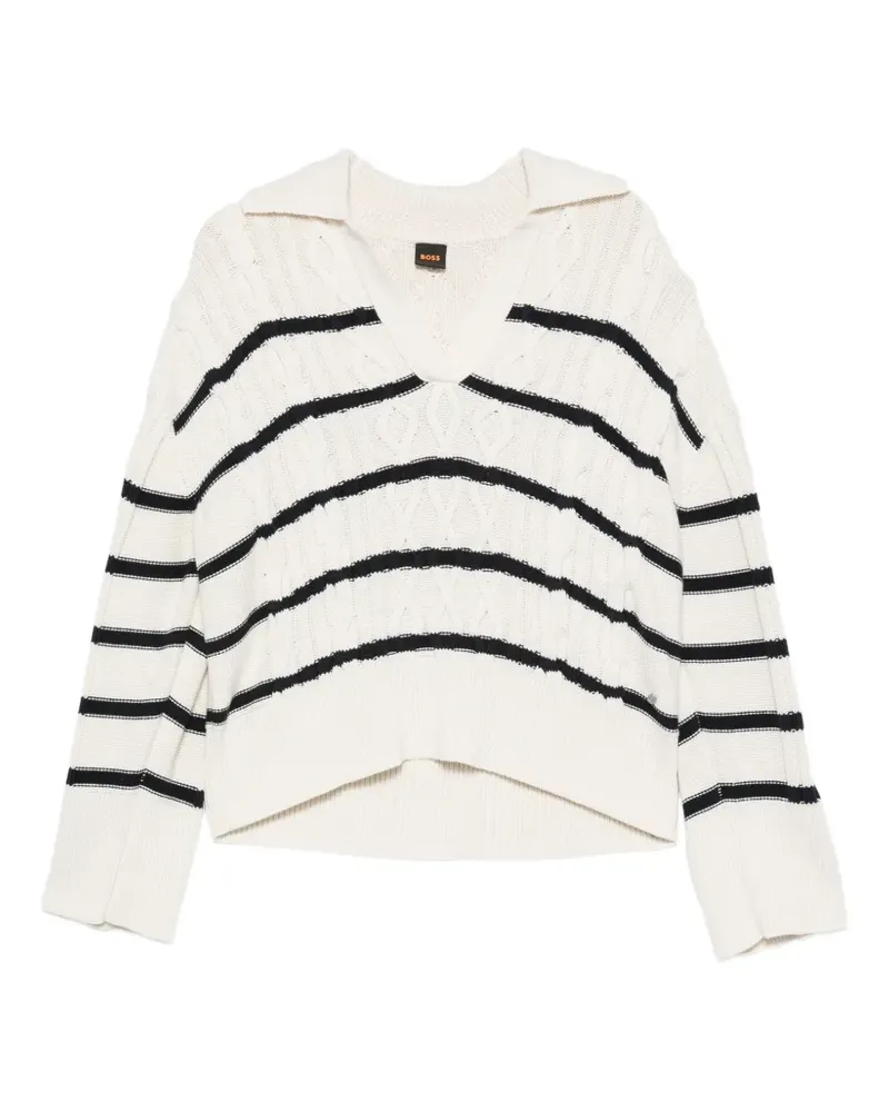 HUGO BOSS Gestreifter Pullover mit Zopfmuster - Nude Nude