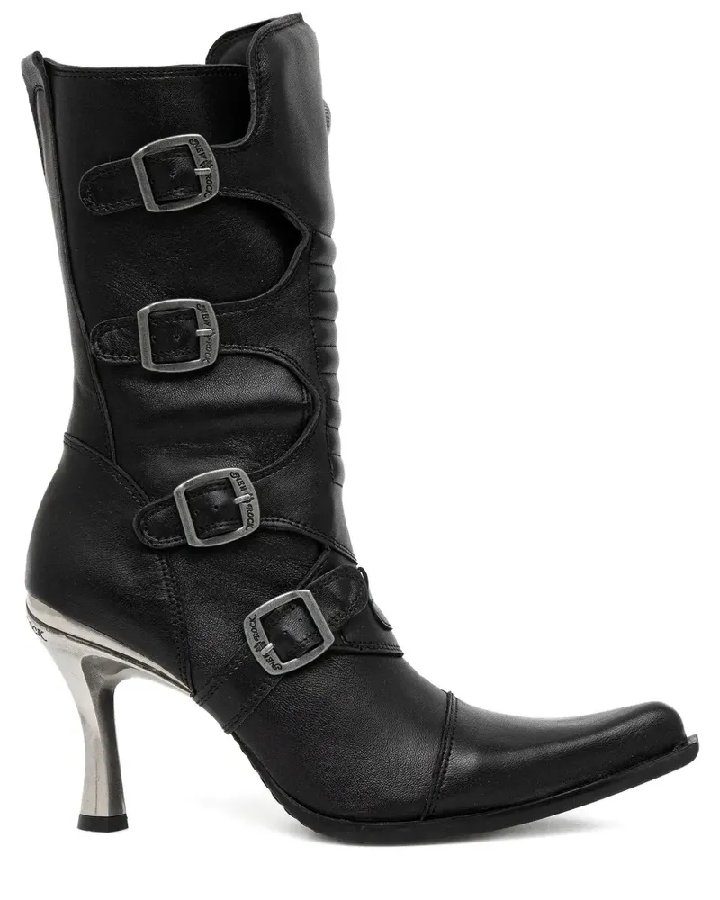 New Rock Spitze Stiefel mit Schnallendetail 100mm - Schwarz Schwarz