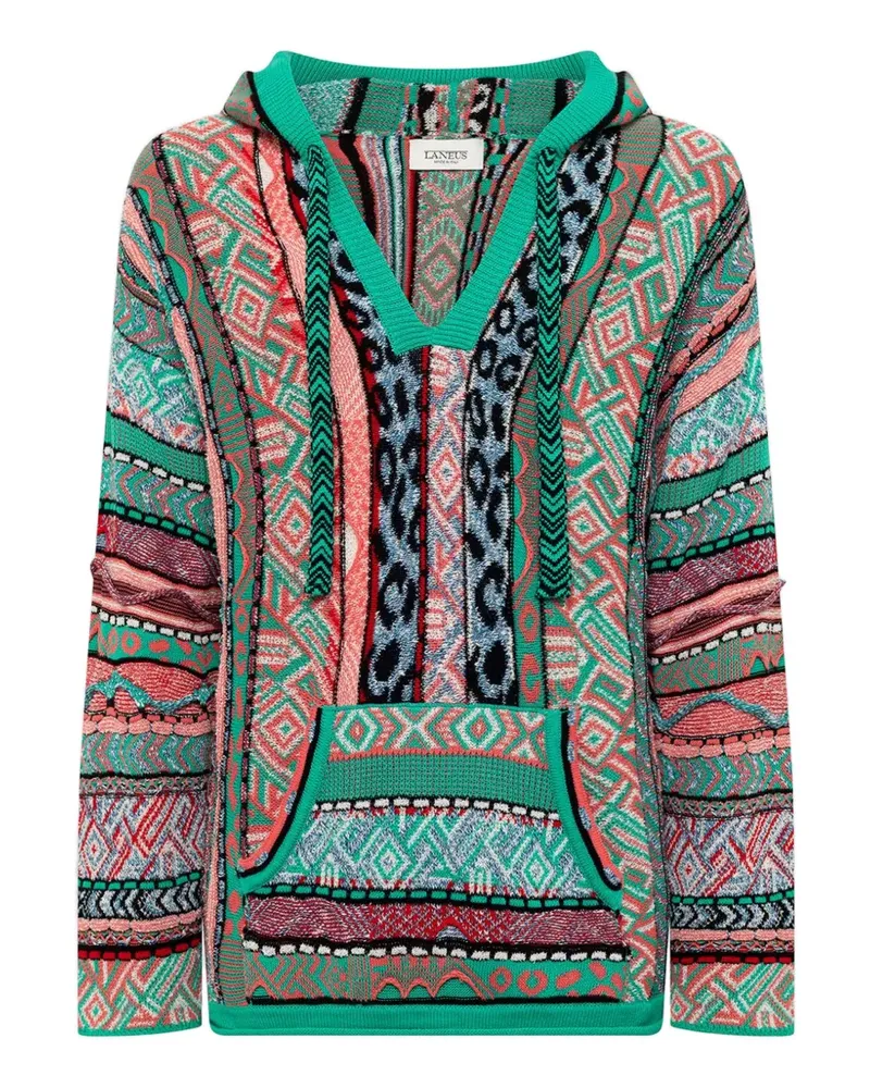 Laneus Gemusterter Hoodie mit V-Ausschnitt - Grün Grün