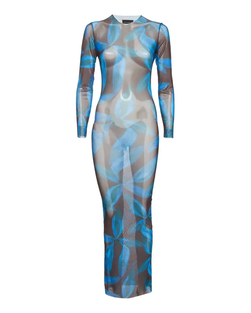 Louisa Ballou leaf-print mesh maxi dress - Blau Blau