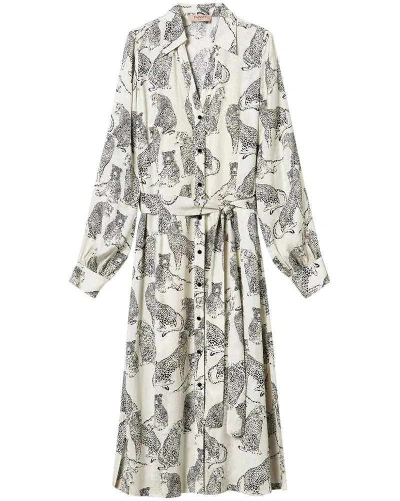 Twin-Set Hemdkleid in Midi-Länge mit Jaguar-Print - Weiß Weiß