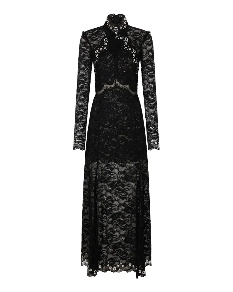 Paco Rabanne Langes Kleid aus schwarzer Spitze im Layering-Look mit silbernen Ösen Schwarz
