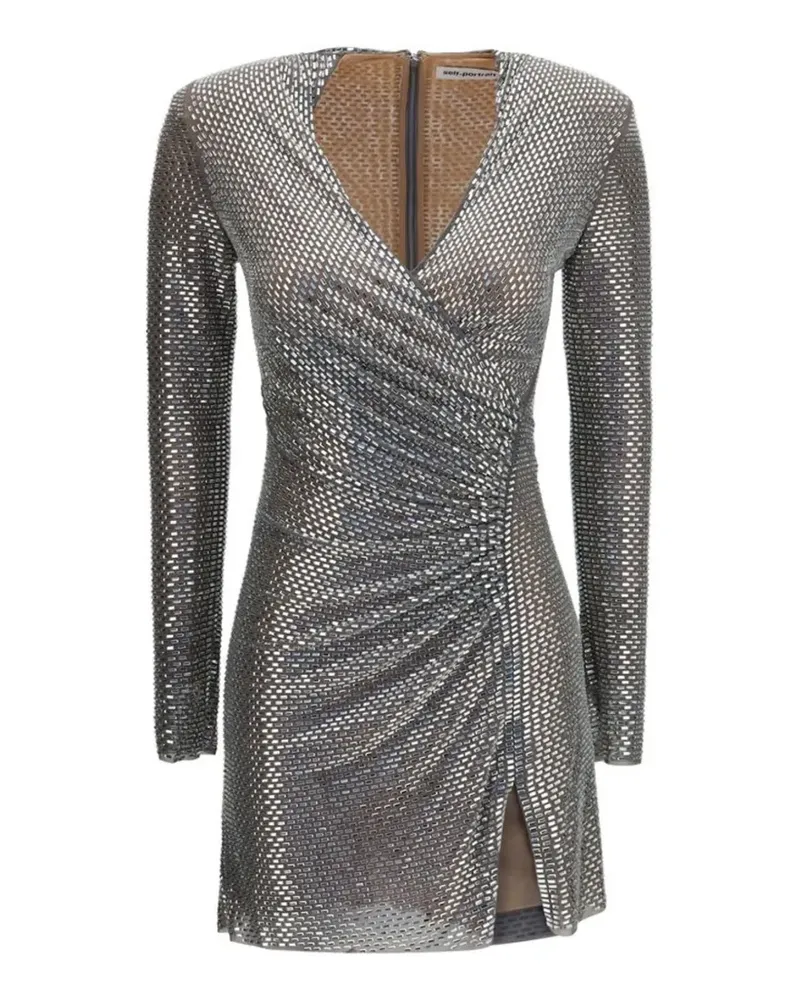 Self-Portrait grey rhinestone mesh wrap mini dress - Silber Silber