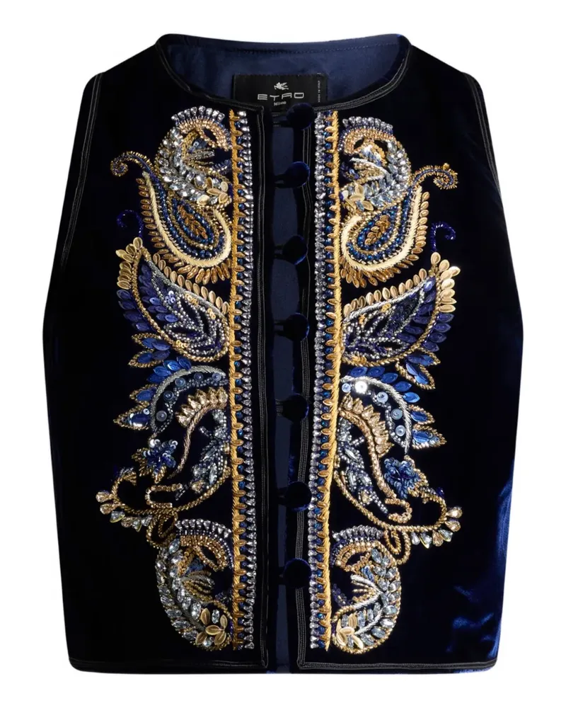 Etro paisley foliage embroidered velvet waistcoat - Blau Blau