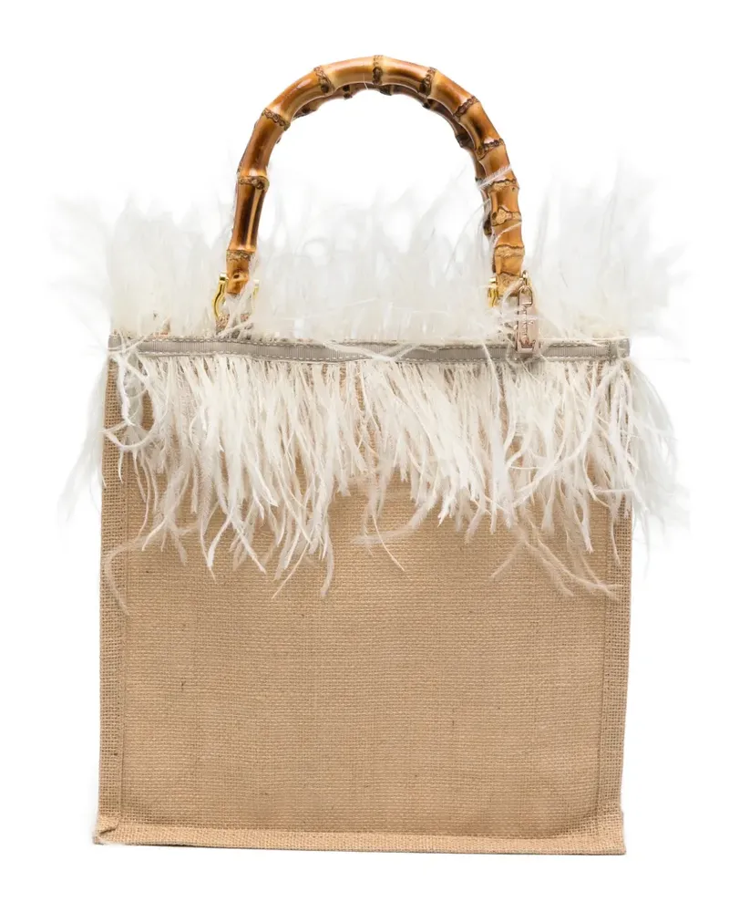 La Milanesa medium Violetta feather bamboo-handle tote bag - Nude Nude