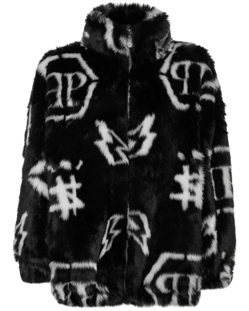 Philipp Plein Mantel aus Faux Fur mit Monogramm - Schwarz Schwarz