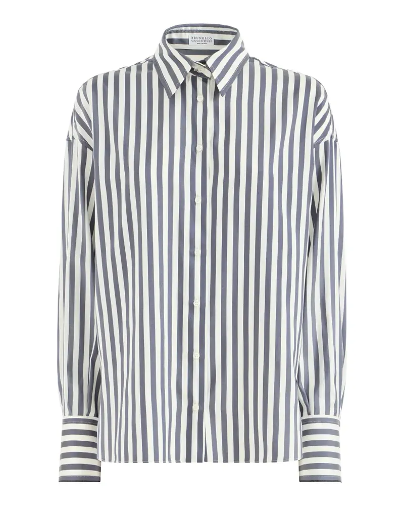 Brunello Cucinelli Gestreiftes Hemd aus Seidenpopeline - Blau Blau