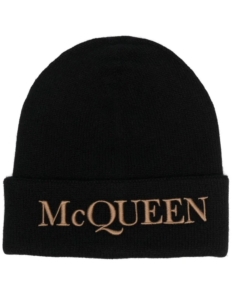 Alexander McQueen Gerippte Beanie mit Logo-Stickerei - Schwarz Schwarz